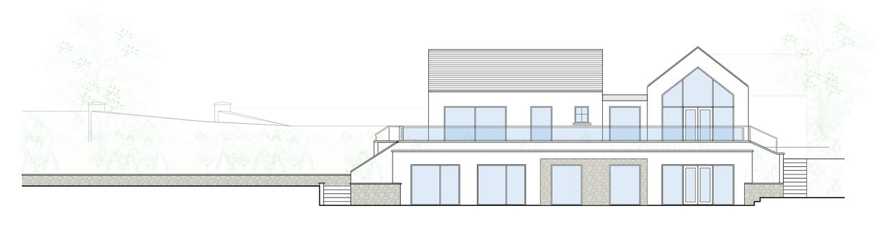 Front elevation drawing of a pitched-roof house with a glazed gable over a stone-faced lower ground floor