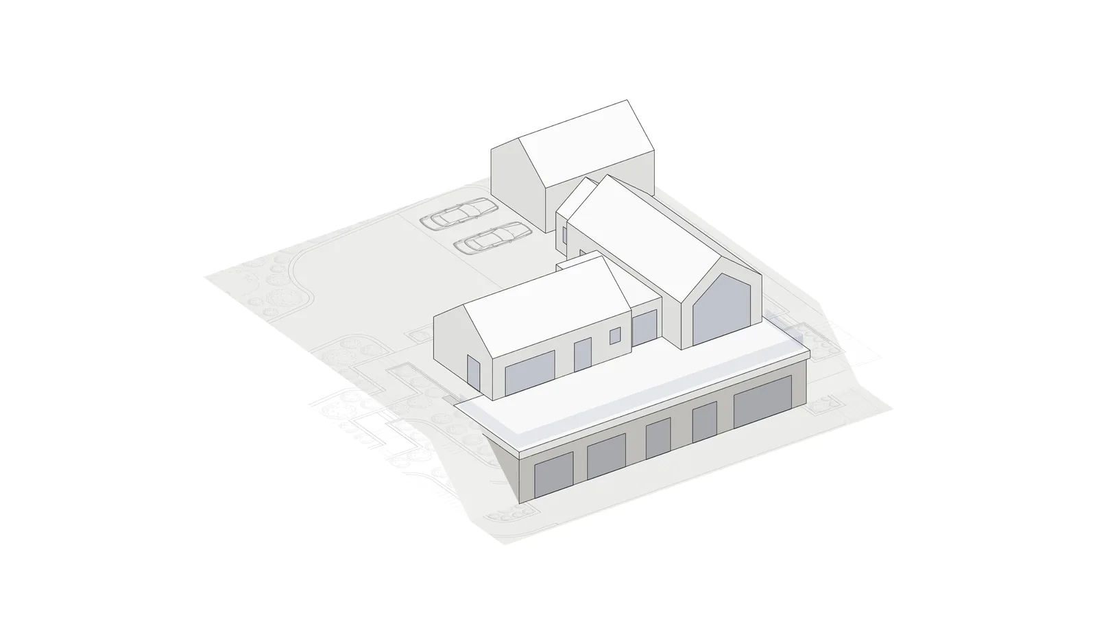 Model of the Glassdrumman Road house: two pitched-roof wings with a glazed gable over a stone lower ground floor